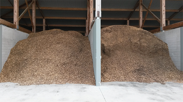 Collectif Bois Bocage 35 4 Deux grands tas de copeaux de bois, provenant du bocage local, sont stockés dans des baies séparées aux murs en béton à l'intérieur d'une structure en bois avec un toit en métal, prêts à alimenter des solutions énergétiques durables.