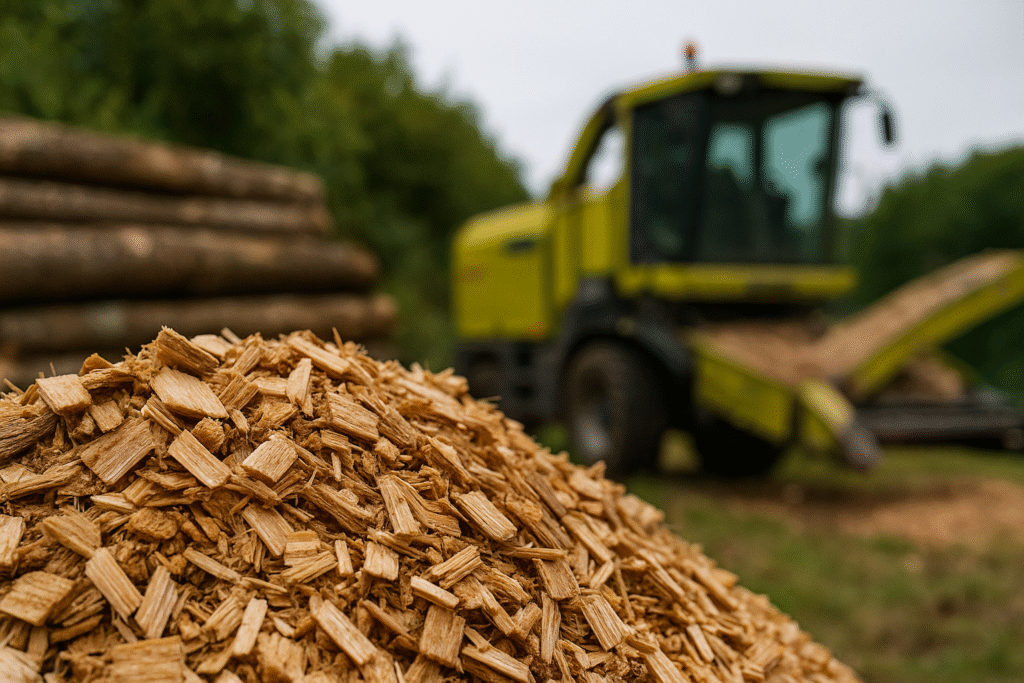 Vente de bois énergie 3 Gros plan d'un paillage fabriqué à partir de copeaux de bois, avec une machine d'exploitation forestière verte et des bûches empilées floues en arrière-plan, installé à l'extérieur près d'une zone boisée.
