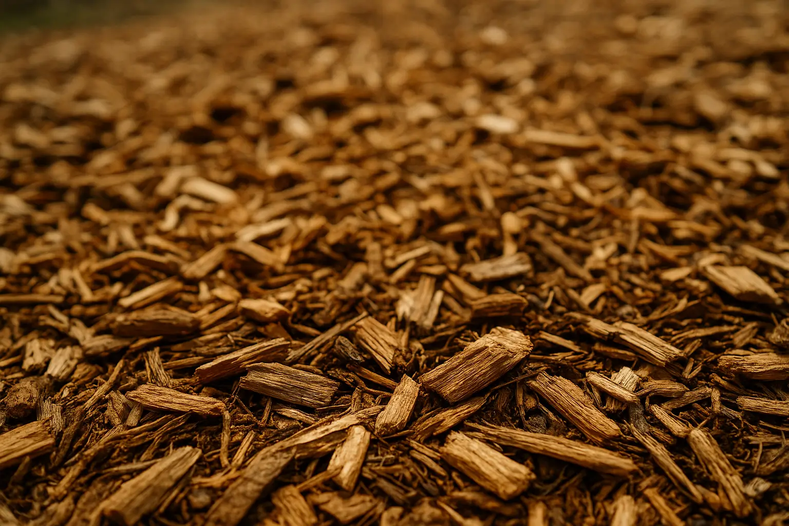 Vente de bois paillage 2 Gros plan d'un gros tas de copeaux de bois bruns utilisés pour le paillage, révélant leur texture rugueuse et leurs formes irrégulières. L'arrière-plan est légèrement flou, mettant en valeur les copeaux de bois au premier plan.