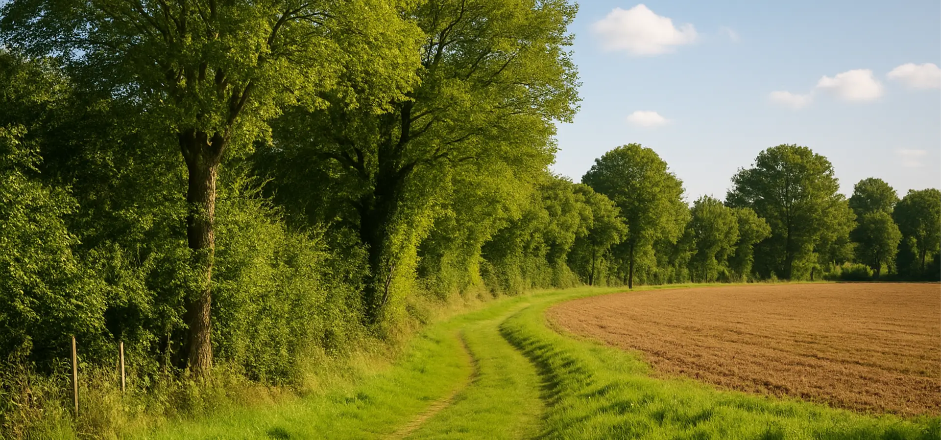 Le collectif 1 Un chemin herbeux incurvé longe un champ labouré, bordé de grands arbres verts feuillus - parfaits pour ramasser du bois pour l'énergie ou le paillage - sous un ciel bleu clair avec quelques petits nuages.
