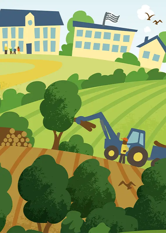 Collectif Bois Bocage 35 3 Illustration d'un paysage de bocage rural avec champs, arbres et un tracteur bleu soulevant des bûches. En arrière-plan, des bâtiments dynamiques avec un drapeau flottant se dressent, tandis que des passants marchent et que des oiseaux volent dans le ciel.
