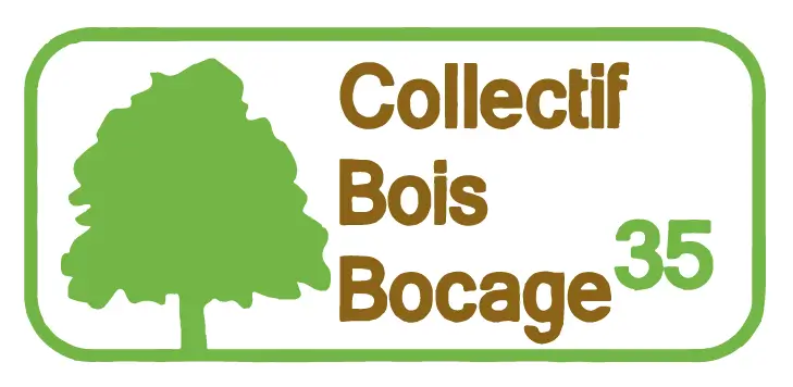 Logo avec une silhouette d'arbre verte à gauche et les mots Collectif Bois Bocage 35 en texte marron et vert à droite, le tout dans une bordure rectangulaire verte arrondie, mettant en valeur les thèmes du bois, de l'énergie et du paillage.